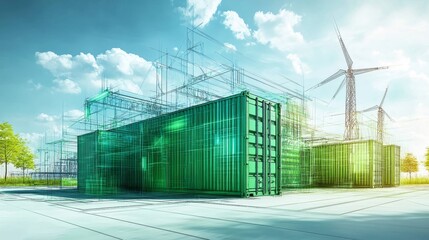 Obraz premium Concept sketch of grid energy storage containers in green colors, representing essential components of future sustainable energy infrastructure, Generative AI