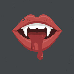 Stylized vampire mouth with red lips sharp white fangs a cut and dripping blood.