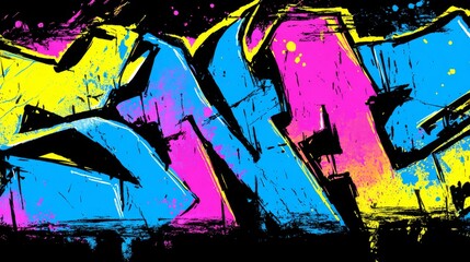 Colorful graffiti pattern in neon blue, pink, yellow, and black with bold strokes and glowing urban 80s street art style, vibrant funky design for digital backgrounds and creative banners