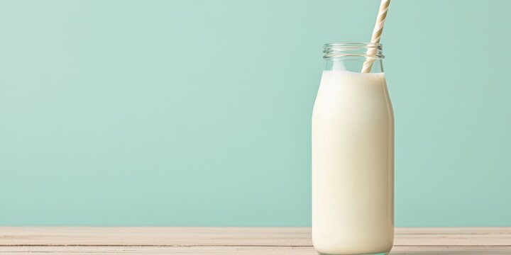 A glass bottle filled with milk and a striped straw sits on a wooden surface against a pastel blue background.