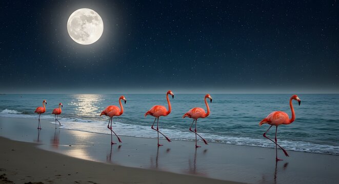 Flamingos on beach at night moon