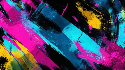 Colorful graffiti pattern in neon blue, pink, yellow, and black with bold strokes and glowing urban 80s street art style, vibrant funky design for digital backgrounds and creative banners