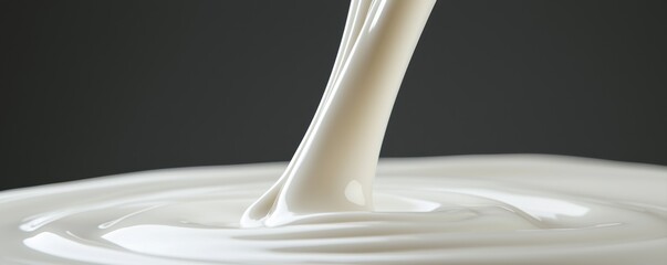 A smooth and creamy liquid flows gracefully, creating ripples on the surface, against a dark background, suggesting richness and texture.