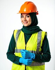 Smiling Muslim woman construction worker wears orange hard hat, green hijab, yellow safety vest. Puts on blue gloves, ready for work on site. Portrait of female laborer in protective gear.