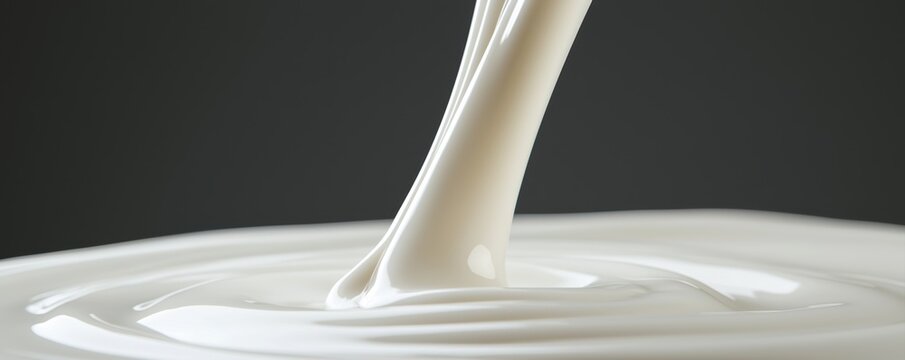 A smooth and creamy liquid flows gracefully, creating ripples on the surface, against a dark background, suggesting richness and texture.