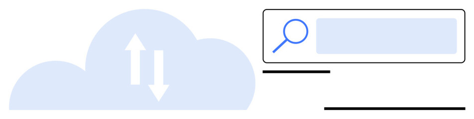 Cloud with bidirectional arrows for file transfer next to a search bar for online browsing. Ideal for cloud storage, online search, data sharing, web services, navigation, digital tools, simple