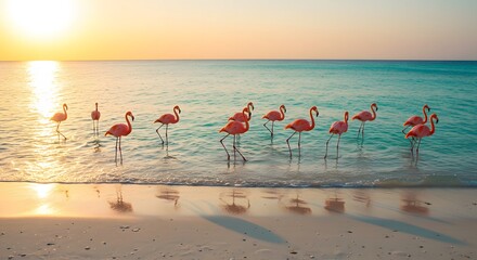 Fototapeta premium Flamingos sunrise beach scene