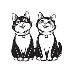 Vector sketch illustration of two happy and cute cats with joyful expressions. Hand-drawn style perfect for pet-related designs, children’s books, greeting cards, and playful artwork.