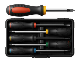 Dielectric screwdriver set with interchangeable heads, stored in a compact carrying case for on-site electrical repairs.