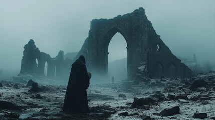 Amidst moody fog ancient ruins stand silent as lone figure traverses frozen ground. chilling atmosphere evokes feelings of wonder and exploration in forgotten place.