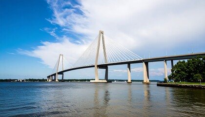 Naklejka premium Spanning a waterway, a modern cable-stayed bridge stretches into a brilliant blue sky