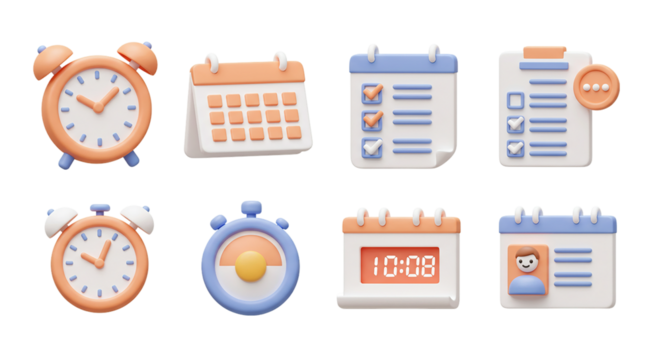 3D Cartoon Time & Scheduling Icons: Clocks, Calendars & Checklists