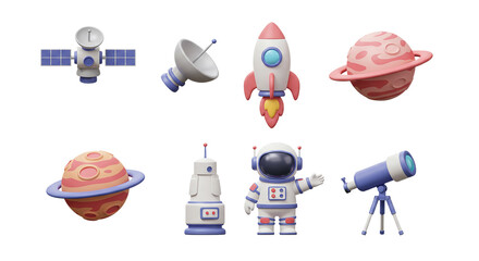 3D Cartoon Space Icons: Rocket, Astronaut, Planets & Satellite Dishes