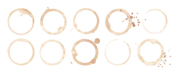 Coffee cup or tea stain drink ring vector illustration set isolated on white background. Coffee stain mark trace ring cup spot trace. Brown round splashes of drink collection.
