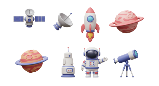 3D Cartoon Space Icons: Rocket, Astronaut, Planets & Satellite Dishes - Powered by Adobe