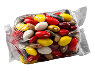 Delicious Assorted Beans: A close-up captures a medley of colorful beans in a transparent package, evoking freshness and natural goodness. showcasing the variety, texture, and quality of the product.
