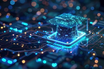 Futuristic digital education with an AI graduation hat on a sleek chip. Low-poly mesh in glowing blue and silver tones. Perfect for banners or promotions.