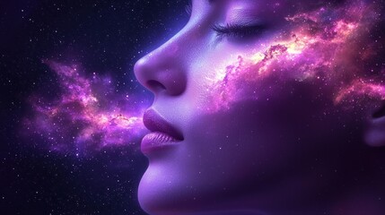 serene figure ethereal appearance is surrounded celestial elements radiating soft light. Cosmic dust and galaxies swirl creating mystical atmosphere filled wonder.
