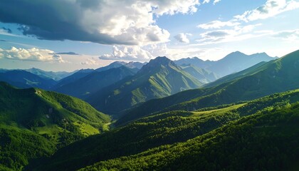 Mountain vista with lush greenery and dramatic clouds