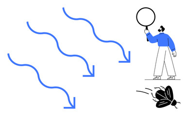 Arrows directing downward motion, person holding magnifying glass, and insect representation. Ideal for analysis, observation, cause-effect, research, evaluation, study simple landing page
