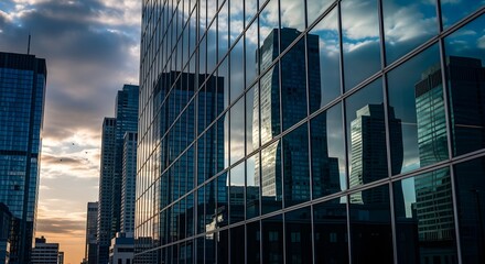 Modern glass skyscrapers reflect the sky and surrounding buildings in a city, creating a striking urban landscape with a sense of depth and scale.