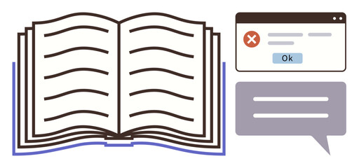 Open book alongside a browser error window and speech bubble, combining themes of knowledge, learning, communication, and technology. Ideal for education, troubleshooting, and online discussions in