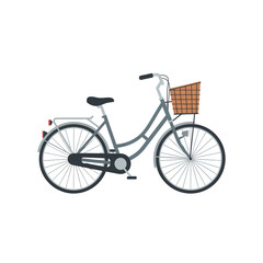 Fototapeta premium Illustration of a light blue bicycle with a wicker basket attached to the front handlebars, isolated on a white background.