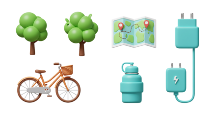 Eco-Friendly and Sustainable Travel 3D Icons: A collection of icons featuring trees, a bicycle, a travel map, and chargers for green lifestyle and environmental themes