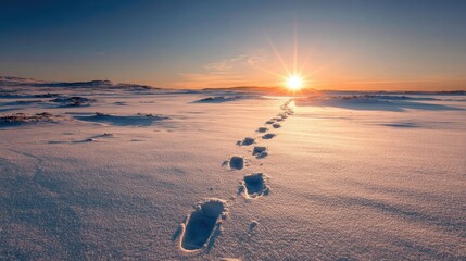 Footprints lead across a snowy field towards a bright sunrise in a peaceful winter setting