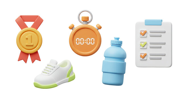 3D Fitness and Workout Icons: A collection of icons for health and wellness apps, featuring a medal, stopwatch, sneakers, water bottle, and checklist