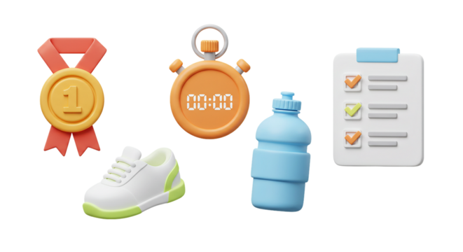 3D Fitness and Workout Icons: A collection of icons for health and wellness apps, featuring a medal, stopwatch, sneakers, water bottle, and checklist - Powered by Adobe