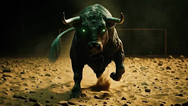 Dark Bull with Glowing Eyes. Perfect for representing concepts of finance (bull market), strength, determination, and mythology.