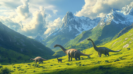 Brachiosaurus family grazing in a lush green valley with mountains in the background, peaceful prehistoric landscape
