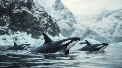 Fototapeta premium A family of killer whales on the hunt, looking for a whale or other sea animals