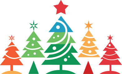 Colorful geometric christmas trees with stars on white background