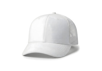 Fototapeta premium A clean, white baseball cap with a structured front and mesh back, presented against a stark white background for a clear product view.