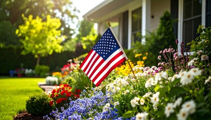 American Flag with Home, Flowers, and Summer.