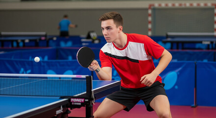 Man playing table tennis, capturing a dynamic moment of competition and skill in an indoor sports arena