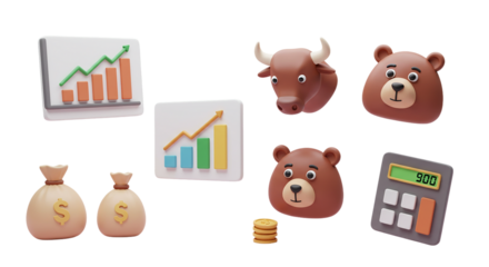 3D Financial Market Icons Set: A collection of a Bull, Bear, Growth Charts, and Money Bags for Stock Trading and Business Finance