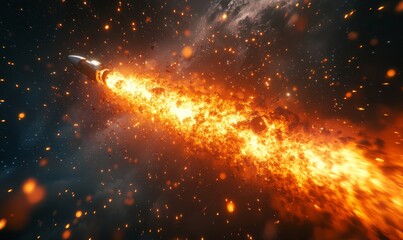 Image of a space exploration rocket launching from Earth, with a fiery trail behind it. The concept highlights the thrilling moment of departure and the excitement of space exploration, Generative AI