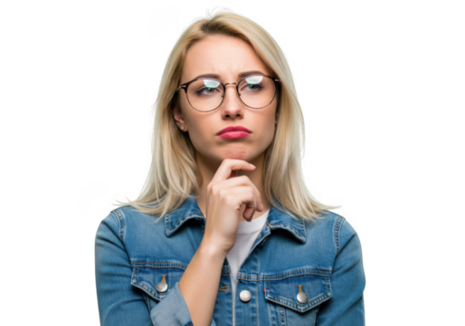 Young woman with glasses thinking, isolated on transparent background - Powered by Adobe