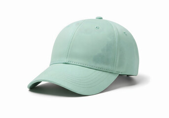 Fototapeta premium A single, light-green baseball cap, isolated on a bright white background, showing its design.