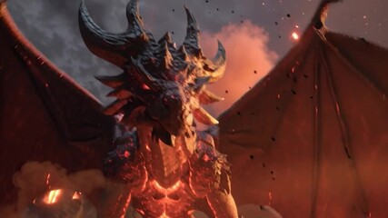 Dragon roaring amidst a fiery and smoky landscape. Perfect for representing themes of power, myth, legend, and adventure.