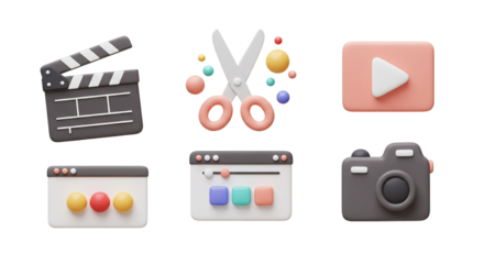 Multimedia Production and Editing 3D Icon Set: Tools for Filmmaking, Photography, and Creative Content Creation, with Clapperboard, Camera, and Play Button