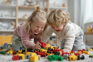 Two little kids are fighting in room at home. Children pull same toy each in their own direction. Babies crying and screaming. Relations of sibling in family. Babies adaptation in groups
