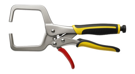Obraz premium Long-reach welding clamp pliers with a quick-release lever for a construction site.