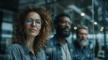 Diverse business team in a modern glass office, mixed genders and ethnicities, working interface, teamwork