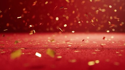 Dynamic shot of shimmering golden confetti falling. Perfect for celebration, glamour, and festive occasions like awards ceremonies, parties, and special events.
