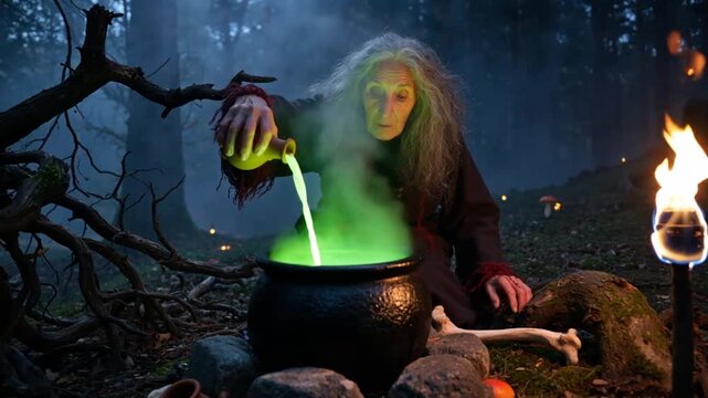 A gnarled old witch with wild hair hunches over a bubbling cauldron, pouring a glowing green potion in a misty forest, her face a mask of intense, ancient concentration.