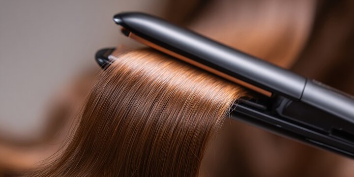 Stylist straightening woman's hair with flat iron in salon